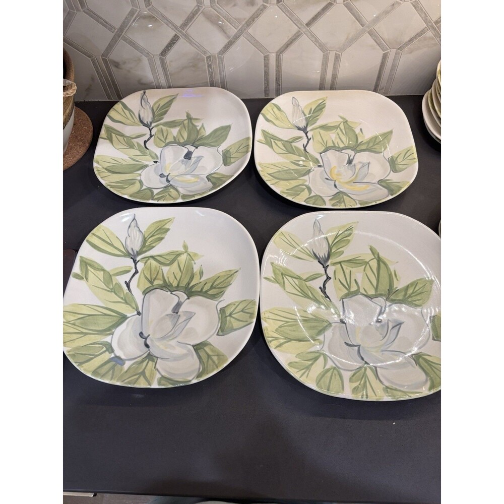 RED WING POTTERY Magnolia Dinner Plates, Set Of Four Hand Painted 10 1/2" Dishes